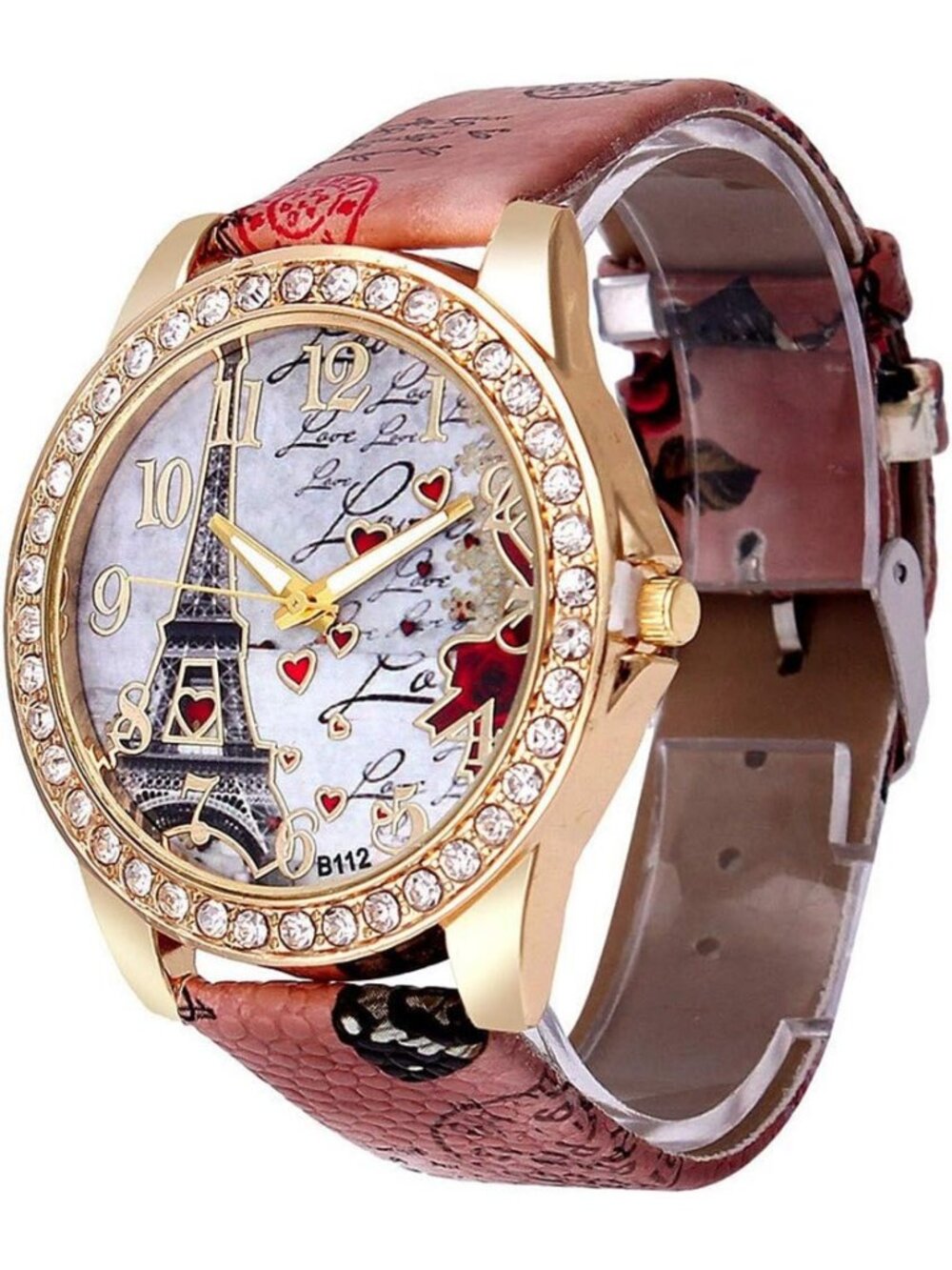 Women's Brown Analog Quartz Solid Pu Leather Strap Bling Rhinestone Wrist Watch